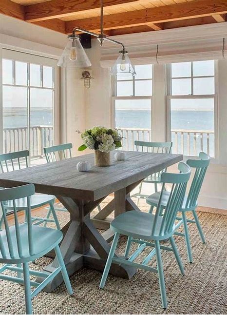 A dining area with a sea scape background