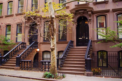 Pink colored town homes