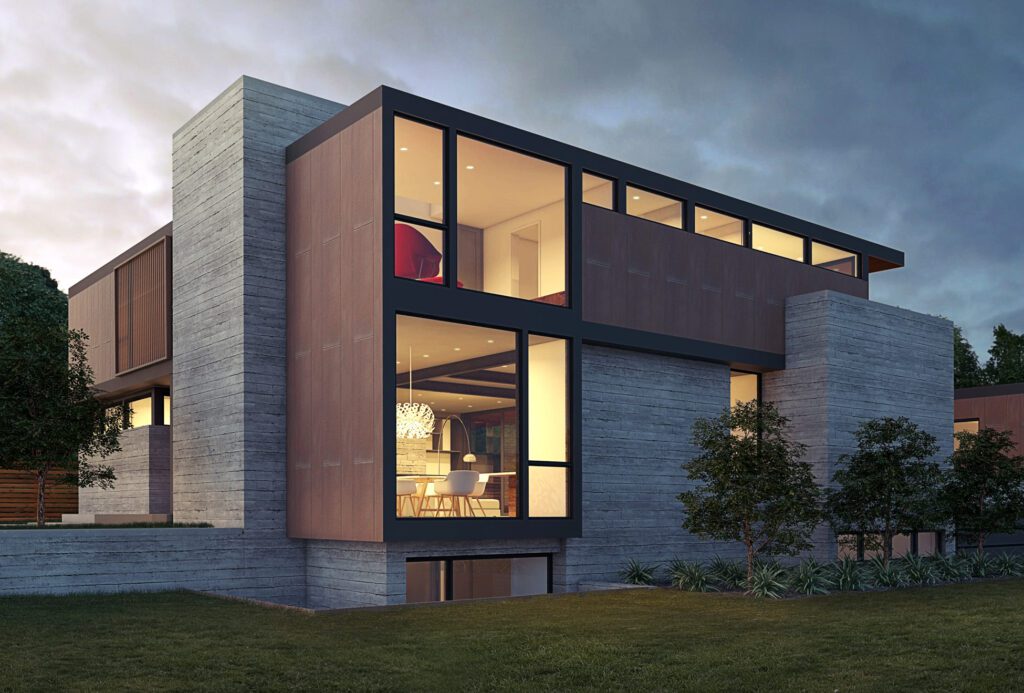 A 3d rendering of a modern house.