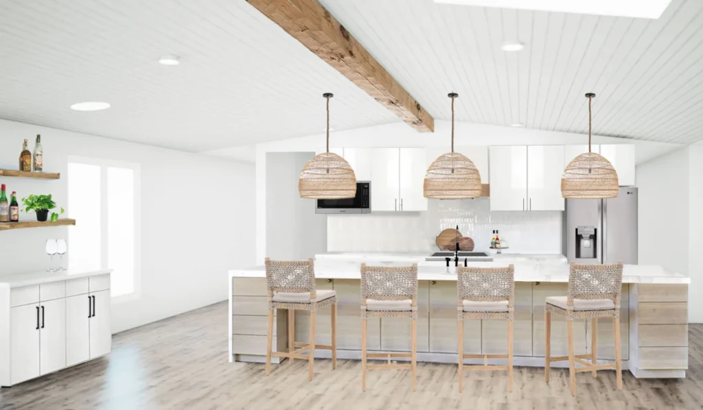 A rendering of a kitchen with white cabinets and wood floors.