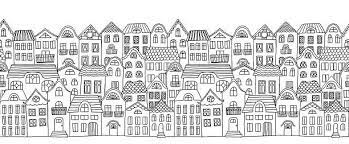 A black and white drawing of a city.